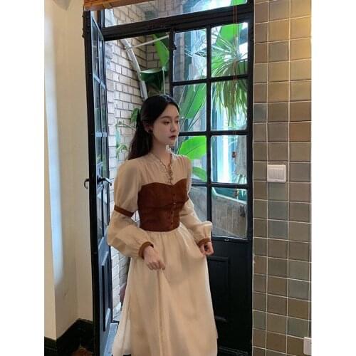 Pure color oversized hem dress womens casual loose long sleeves pleated lace-up V-neck A-neck dress