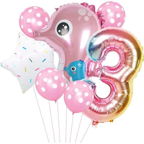 1set Under Sea Ocean World Animal Balloons Pink number balloon Sea Party Theme Kids happy Birthday Party Decoration Baby Shower