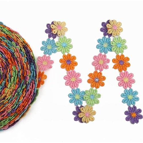 15 Yards Colorful Flower Lace Trim Embroidered Daisy Flower Fabric Ribbons for Bridal Wedding Clothing Decoration Sewing