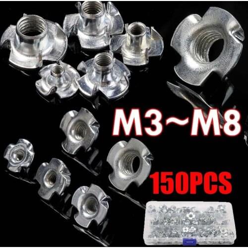 150Pcs M3-M8 Zinc Plated Four Claws Nut Speaker Nut T-nut Blind Pronged Tee Nut Furniture Hardware