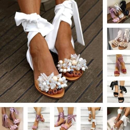 2021 Sandals Women Flat Sandals Ankle Strap Handmade Beaded Special Womens Shoes Beach Sandals Plus Size 35-43
