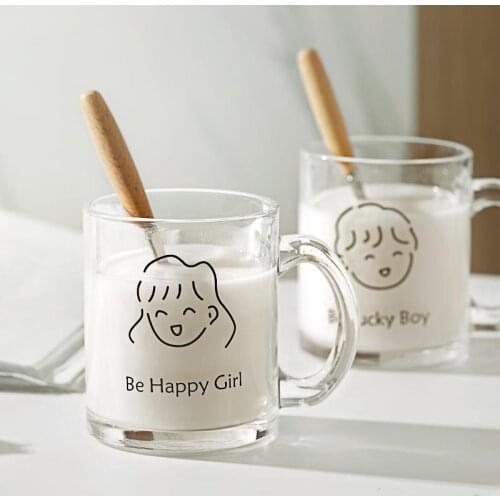 320ml Lovely Printed Glass Coffee Mug Milk Tea Coffee Cup Transparent Mugs Handle Drinkware Happy Girl Boy Couple Lover Gifts