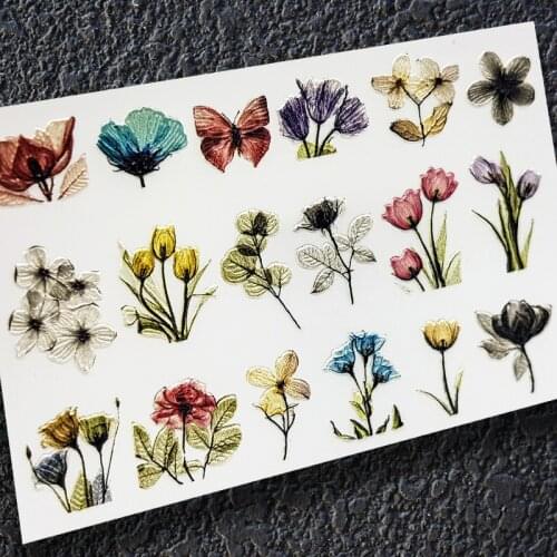 3D Acrylic Engraved Nail Sticker spring colorful flowes butterfly desgin Water Decals Empaistic Nail Water Slide Decals Z0279