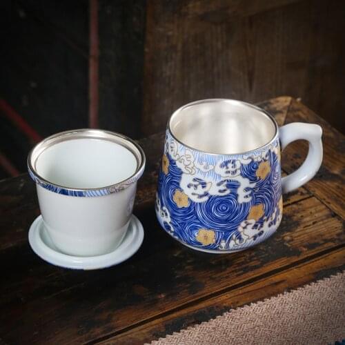 999 pure silver water cup ceramic filter teacup Kung Fu tea set inner liner silver office tea cup household