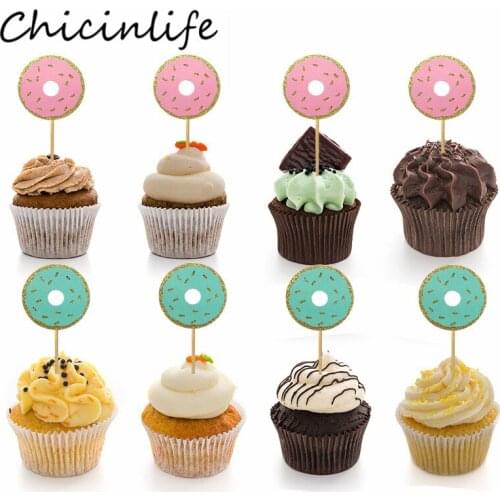 Chicinlife 10Pcs Donut Cupcake Toppers Happy Birthday Party Baby Shower Kids Favors Wedding Donut Party Cake Accessory Supplies