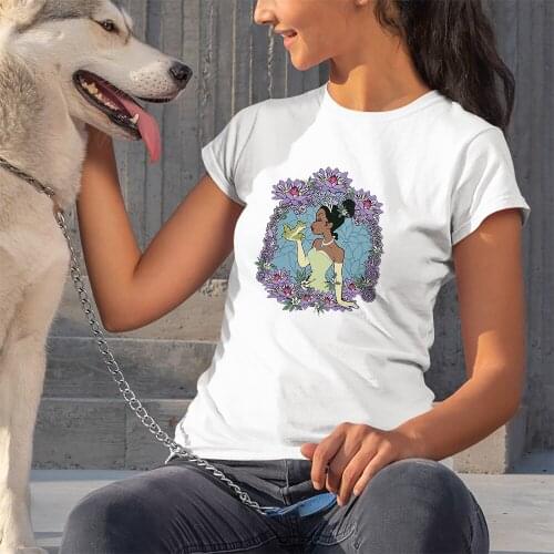 Disney Tiana The Princess And The Frog Women T-shirts Fashion Casual Outdoor Top Short Sleeve Cartoon Pattern T Shirt Female Tee