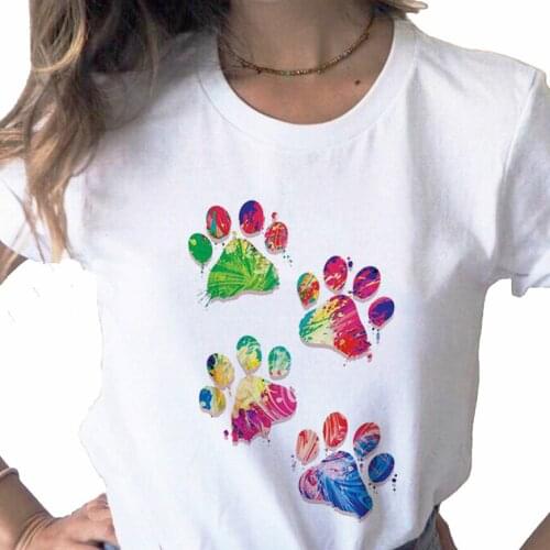 Cute Watercolor Paw Pet Dog Cute Fashion print ladies Top T-shirt casual basics O-collar white shirt short sleeve ladies T-shirt