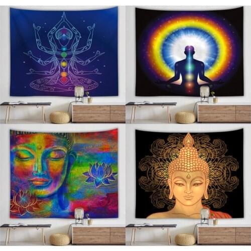 Indian Buddha Statue Meditation 7 Chakra Tapestry Wall Hanging Mandala Tapestries Wall Cloth Psychedelic Yoga Carpet Boho Decor