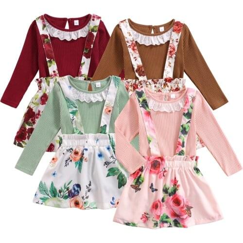 Girls Clothes Set Autumn Kids Clothes Suit Children Clothes Solid Ruffle Top Floral Print Suspender Skirt Fashion Girls Clothing