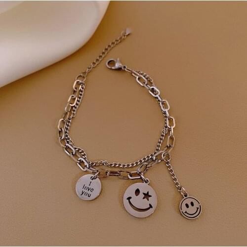 Korean Japanese Titanium Steel Double Layered Smile Charm Bracelets for Women Silver Color Alloy Chain Bracelet Punk Jewelry