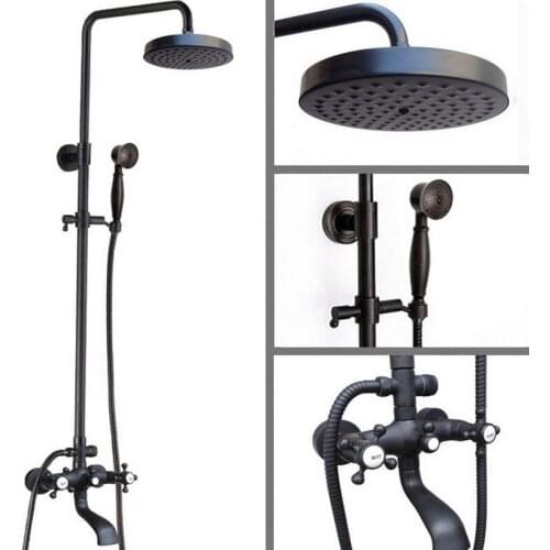 Black Oil Rubbed Brass Dual Cross Handles Bathroom 8 Inch Round Rain Shower Faucet Set Bath Tub Mixer Tap Hand Shower mhg107