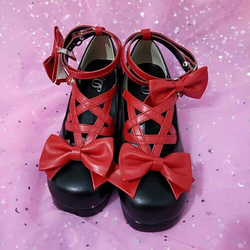 Sweet lolita shoes vintage round head fashion women shoes cute bowknot cross bandage kawaii shoes loli cosplay kawaii girl