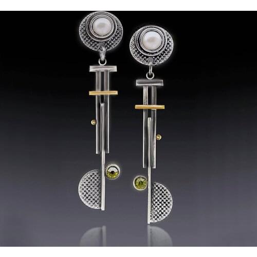 2021 Newest Round White Pearl Earring Two Tone Long Dangle Metal Rod Brincos Statement Pinwheel Blade Earrings For Women Jewelry