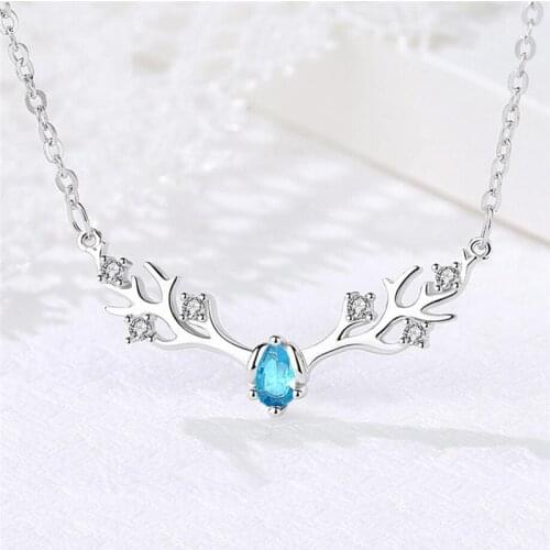 Sole Memory Blue Crystal Cute Antlers Christmas Gift Companionship 925 Sterling Silver Clavicle Chain Female Necklace SNE442