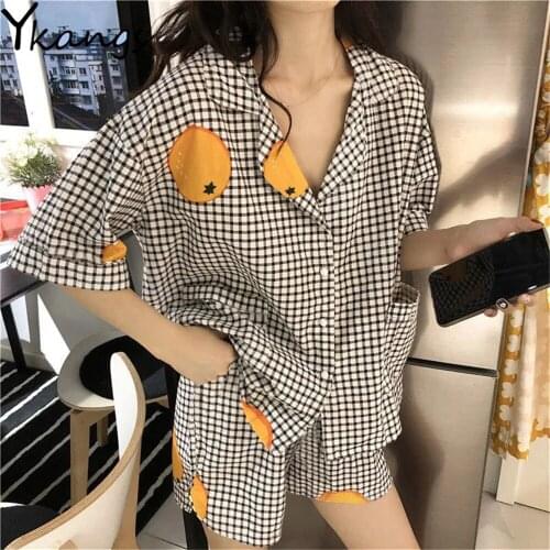 Plaid Pajama Sets Women New Korean Chic Print Sweet Summer Ins Shrort Sleeve Schoolgirls Homewear Kawaii Soft Fashion Sleepwear