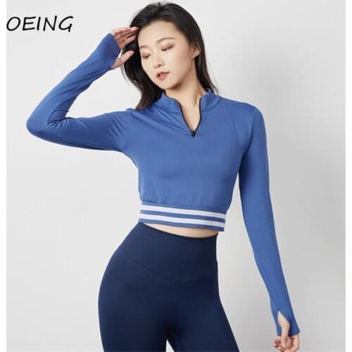 Stripe Workout Crop Tops Long Sleeve Casual Yoga Shirts Zipper Up Tights Running Shirts