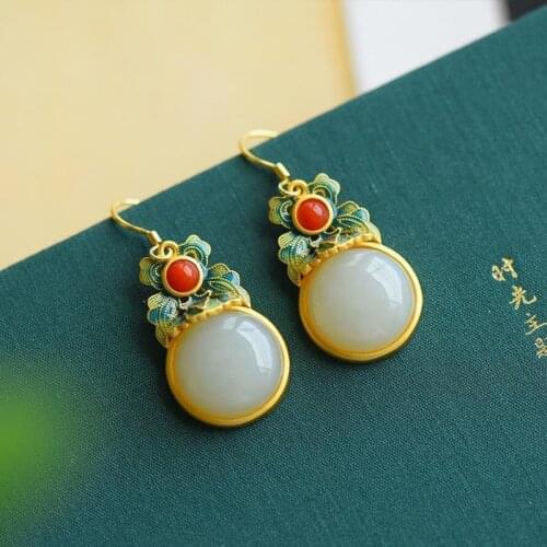 Retro Ethnic Style Earrings S925 Sterling Silver Gold Plated Hetian Jade Egg Surface Earrings Women Ornament