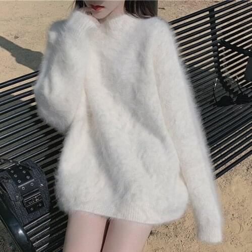 Chic Fashion Women Mink Cashmere White Pullovers Lazy Autumn Winter Soft Warm Thick Mohair Knitted Plus Size Loose Sweater Tops