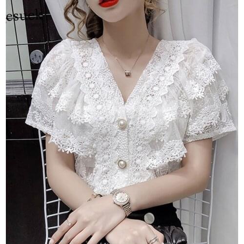 Summer V-neck Hollow Lace Shirt Women 2021 New French Ruffles Stitching White Ladies Blouse Slim Crochet Short Sleeve Tops 14175