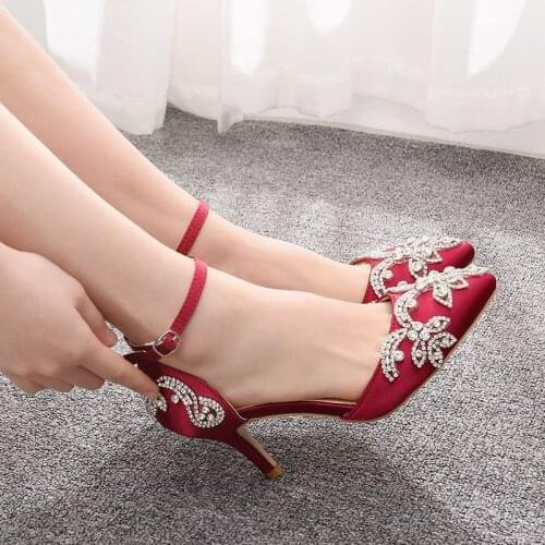 Women sandals wedding Party Flock Rhinestones Buckle Strap 7.5CM Thin High heels Pointed Toe sandal women shoes 2020 size 35-42