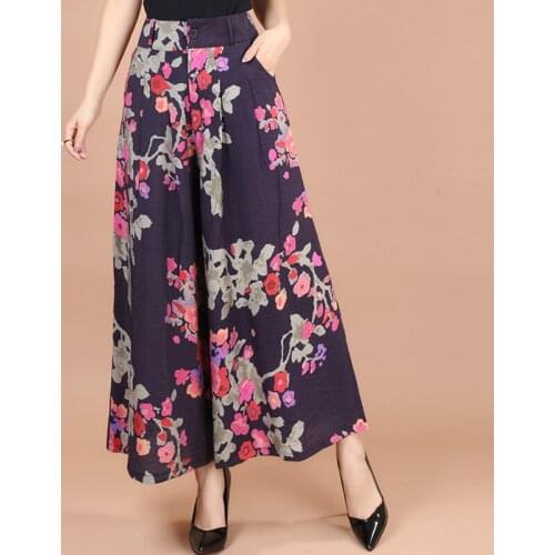 Spring Summer 2018 New Women Printed Floral Pattern Wide Leg High Waist Pants , Casual Loose Woman Pleated Ankle Length Trousers