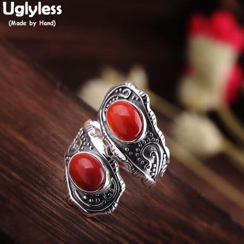 Uglyless Ethnic 30MM Wide Open Rings for Women Agate Gemstones Finger Rings 925 Silver Thai Silver Totem Patterns Jewelry R832