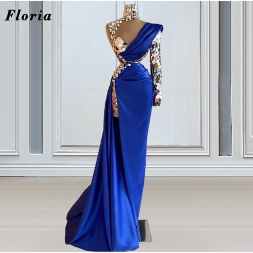 Luxury Arabic Sequins Evening Dress High Neck One Sleeve Prom Dresses Turkish Robe De Soiree Celebrity Party Dress Abendkleider