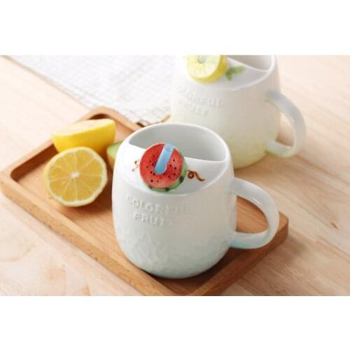1PC 3D Embossed Personality Ceramic Mug Straw Fruit Cup Coffee Cup Milk Cup Creative Office Cup NQ 012