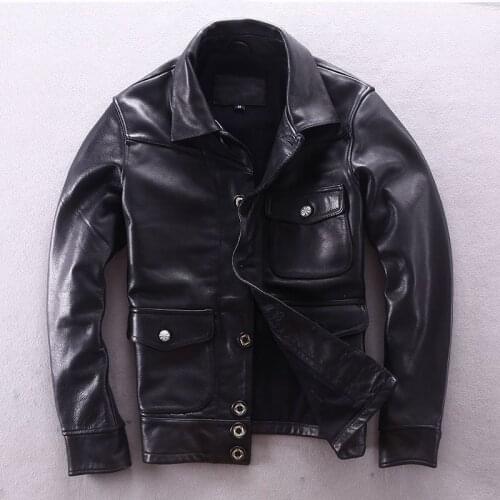 2020 Motorcycle Men Cowhide Genuine Leather Jacket Male Slim Fit Short Multi-pocket Locomotive Clothing Biker Coat