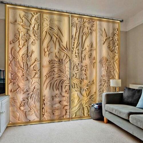 3D Curtain Luxury Blackout Window Curtain Living Room Relief bamboo curtains for bedroom home drapes （left and right Side)