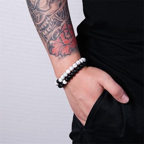 2 Pcs/set Trendy Natural Stone White and Black Yin Yang Beaded Bracelets Charm Beads Strand Couples Friendship Distance Bracelet