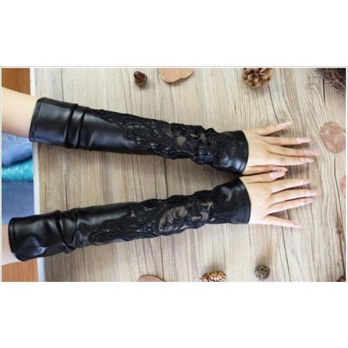 Black Color gothic punk lady girl Sexy Disco dance costume party lace finger leather long gloves