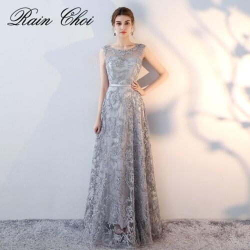 Silver Long Prom Dresses 2021 New Arrival O Neck Sheer Back Embroidery A Line Party Evening Gowns Real Photo