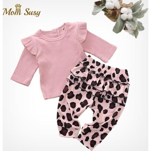Baby Girl Clothes Set Cotton Newborn Infant Girls Ribed Shirt+ Leopard Pant 2PCS Bodysuit Long Sleeve Clothing Outfit