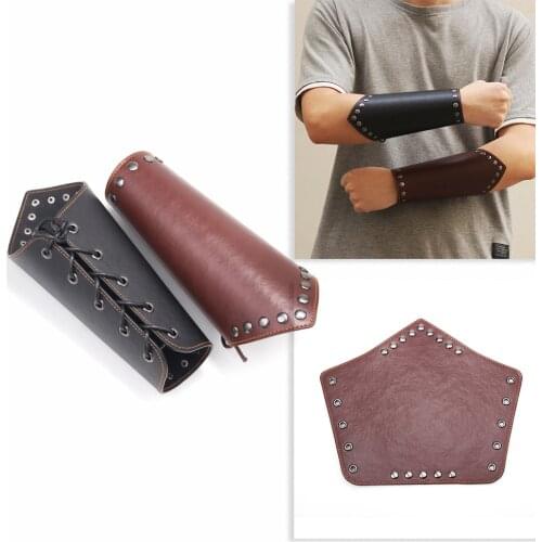 Medieval Leather Armor Men Cosplay Arm Warmers Lace-Up Viking Pirate Knight Gauntlet Wristband Bracer Accessories 1pc