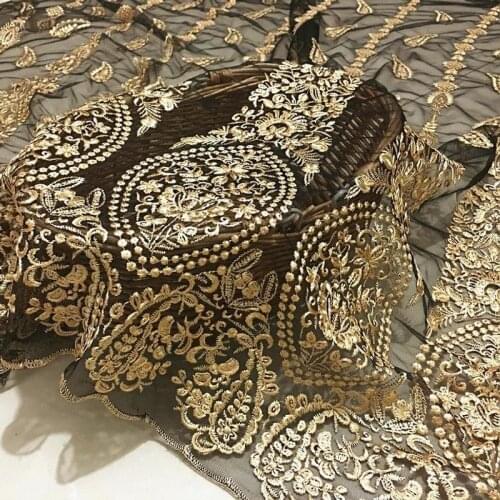 Vintage Gold Embroidered Lace Fabric Royal Floral Mesh Lace Fabric African Fabric For Evening Dress Ball Gown Lace 91X130CM