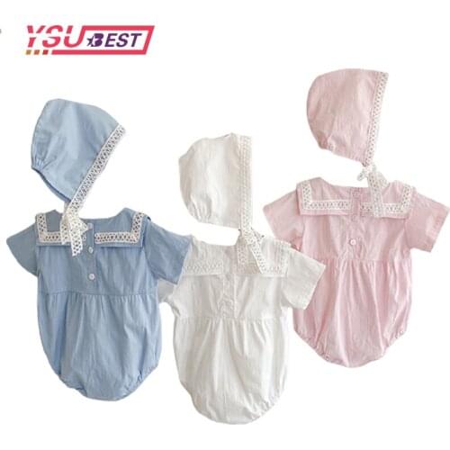 Summer Baby Girls Rompers Navy Style Princess Baby Clothing Lace Newborn Baby Clothes Infant Overalls Clothing Baby Outfit+Hat