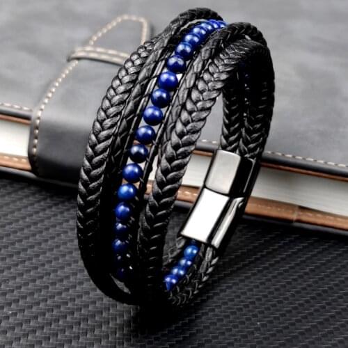 Men Bracelet Genuine Leather Lapis lazuli Beaded Bracelets Male Fashion Hiphop Waterproof Jewelry Stainless Steel Clasp Bangle