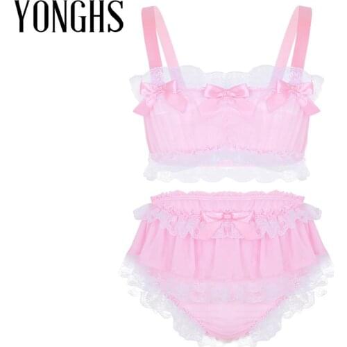 Mens Sissy Crossdresser Lingerie Set Ruffled Lace Sheer Sleeveless Crop Top with Skirted Petticoated Panties Sissy Underwear Set