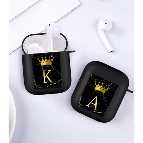 Fashion Gold Crown Letter A B C Soft Case For AirPods 2 1 Black Silicone Bluetooth Earphone Box Matte Cover Air Pods 1 2 Shell