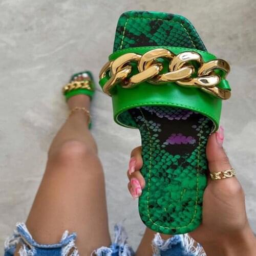 New Brand Design Leopard Chain Women Slipper Closed Toe Slip on Shoes Round Toe Low Heels Casual Slides Flip Flop Sexy Summer