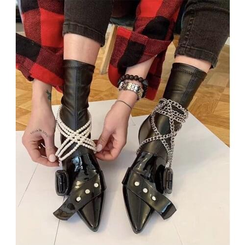 Autumn Neon Sexy Leather Ankle Boots For Women Pointed Toe Stiletto High Heels buckle Sock Bottes Trendy Shoes Botas Femininas