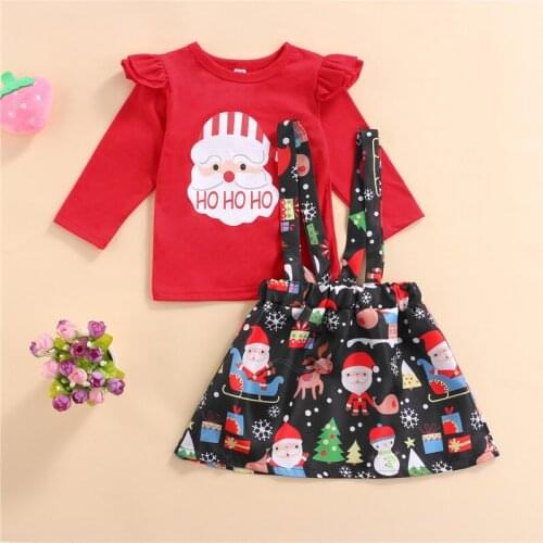 Autumn Children Girls Skirt Two Pieces Suit Cute Christmas Printed Long Sleeve Tops and Suspender Skirts