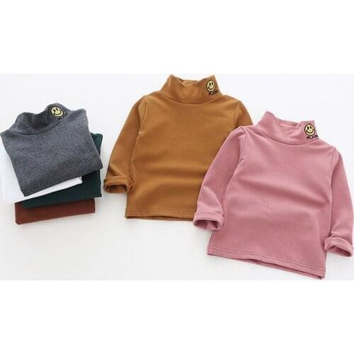1-7 Years Baby Cotton Base T Shirts for Girls Boys Half Turtleneck with Smiling Face Embroidered Kids Cotton Long Sleeve T-shirt