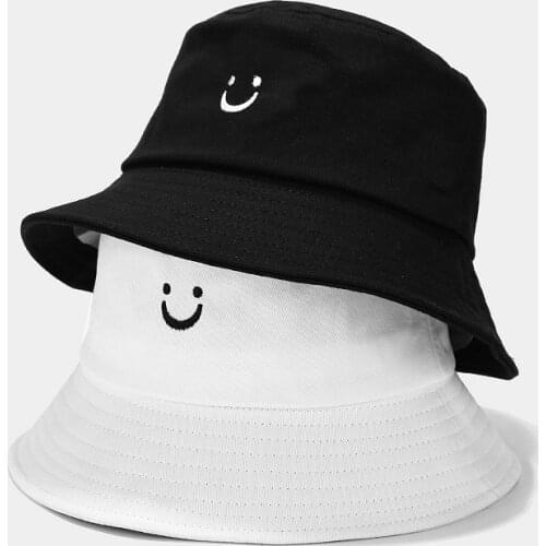 2021 Classic Black White Smile face bucket hat outdoor Panama harajuku fishing bucket hats for female male unisex Casual cap