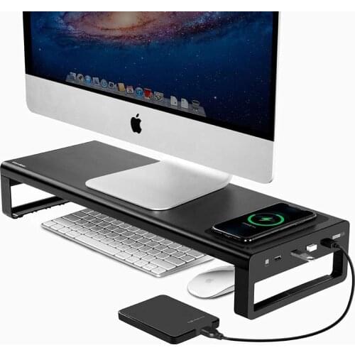 USB3.0 Wireless Charging Aluminum Monitor Stand Riser Support Transfer Data Keyboard and Mouse Storage Desk