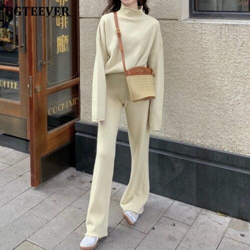 BGTEEVER Casual Loose Women 2 Pieces Sweater Set Turtleneck Full Sleeve Knitted Pullovers Elastic Waist Wide Leg Long Pants 2021