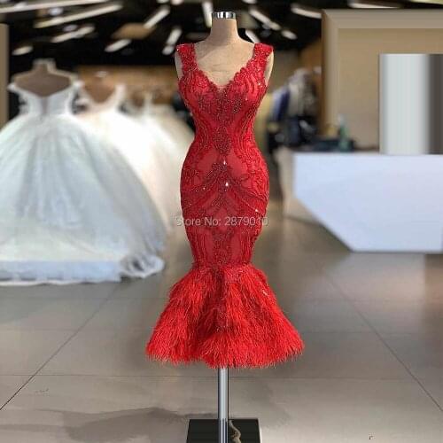 Luxury Red Mermaid Evening Dress Tea-Length Sleeveless Prom Dress Beaded Feather Robe De Soiree Aibye Sequins Middle East Arabia