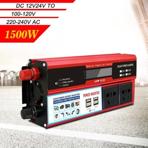 Universal Power Inverter Vehicle Power Converter Car Inverter Modified Sine Wave 1500W DC 12V to 220V AC+ LCD Display