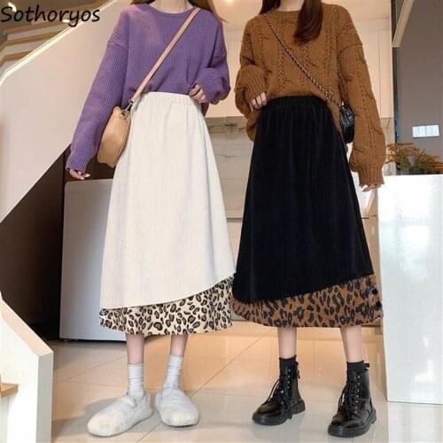 Patchwork Women Skirts Casual Leopard Vintage Soft Warm Retro Corduroy Winter Spring Sweet 2 Colors New Fashion Korean Style Ins